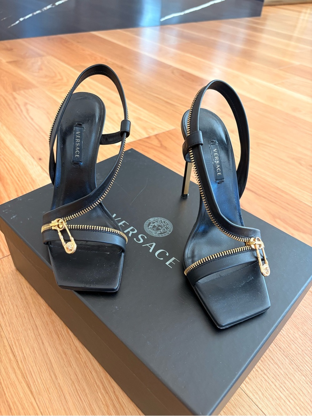 Versace Black Leather Gold-Zip Slingback Heels